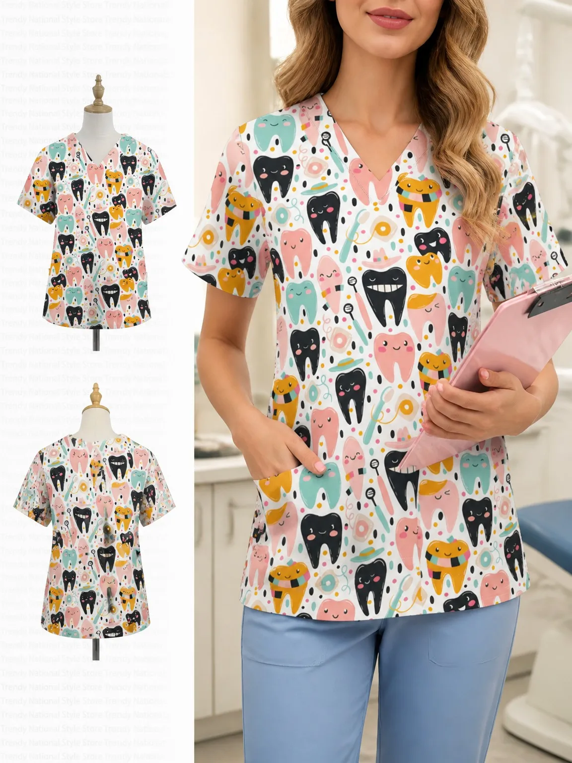 Summer Women's Nurse Sweatshirt with Cartoon Dentist Print, V-neck, Surgical Gown, V-neck Tie, Pocket Short-sleeved T-shirt
Summer Women's Nurse Sweatshirt with Cartoon Dentist Print, V-neck, Surgical Gown, V-neck Tie, Pocket Short-sleeved T-shirt