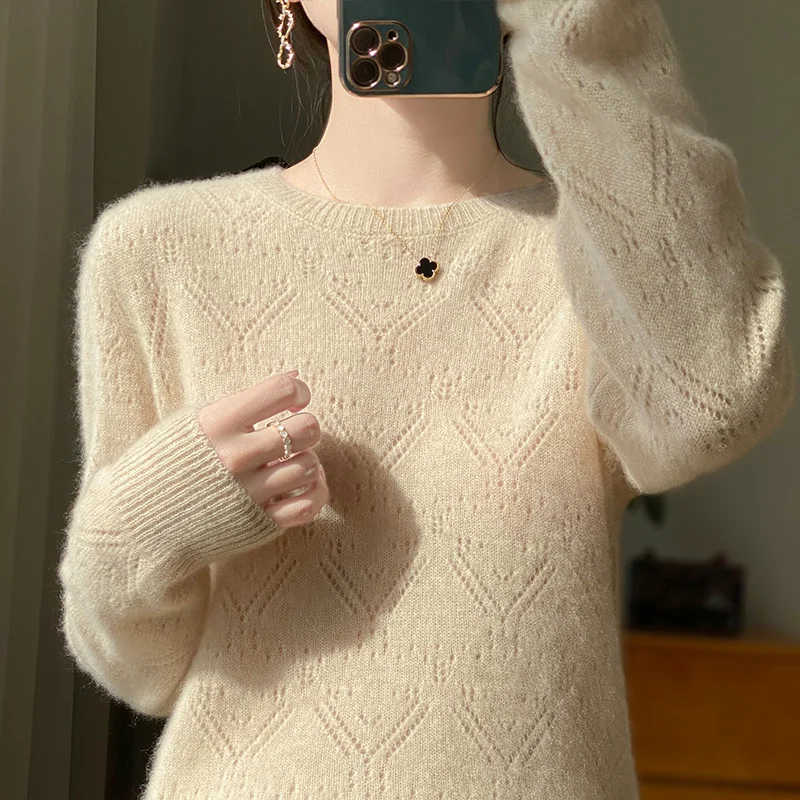 Women's Pullover Spring/Autumn New 100% Wool Sweater Casual Solid Color Knit Top Loose Round Neck Hollow Blouse for Ladies
Women's Pullover Spring/Autumn New 100% Wool Sweater Casual Solid Color Knit Top Loose Round Neck Hollow Blouse for Ladies