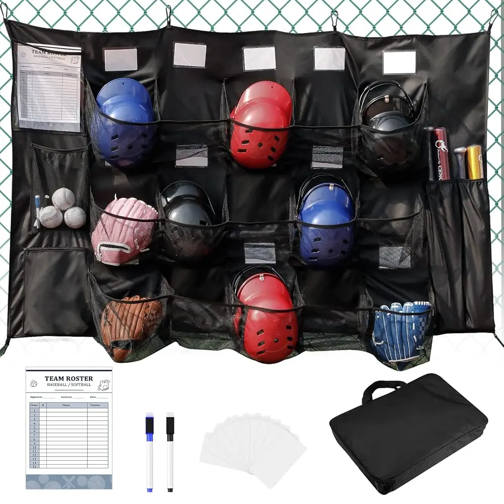 Hanging Helmet Bag for Baseball Softball Team, Helmet Organizer for Dugout Fence Garage, Hold Up to 15 Players Helmets 4 Bat
Hanging Helmet Bag for Baseball Softball Team, Helmet Organizer for Dugout Fence Garage, Hold Up to 15 Players Helmets 4 Bat