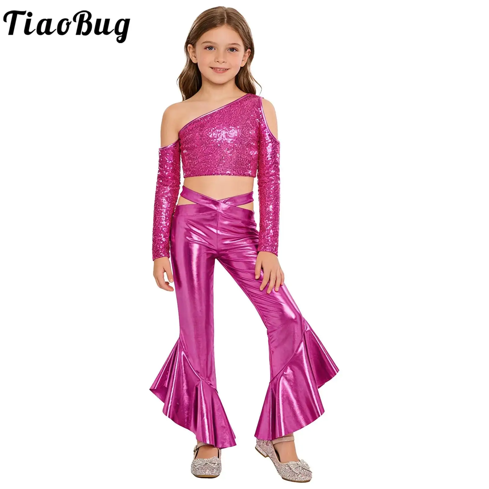 Kids Girls Jazz Tango Disco Dance Outfit Performance costume One Long Sleeve Tassel Sequin Crop Top And Trousers for Dance Party
Kids Girls Jazz Tango Disco Dance Outfit Performance costume One Long Sleeve Tassel Sequin Crop Top And Trousers for Dance Party