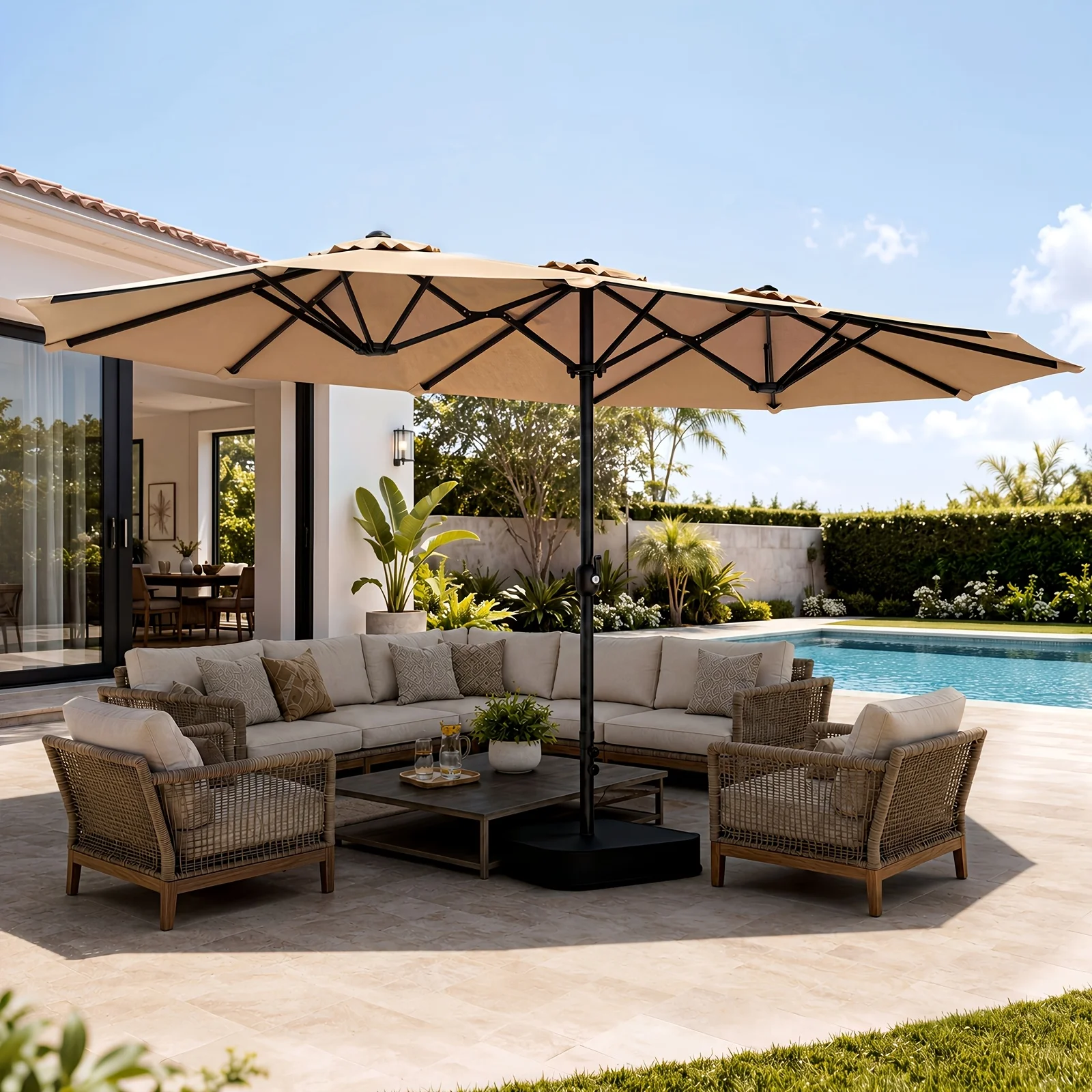 1pc 15Ft Patio Umbrella with Base Included, Extra Large Shade Area, Double-Sided Rectangle with Crank Handle for Poolside,Garden
1pc 15Ft Patio Umbrella with Base Included, Extra Large Shade Area, Double-Sided Rectangle with Crank Handle for Poolside,Garden