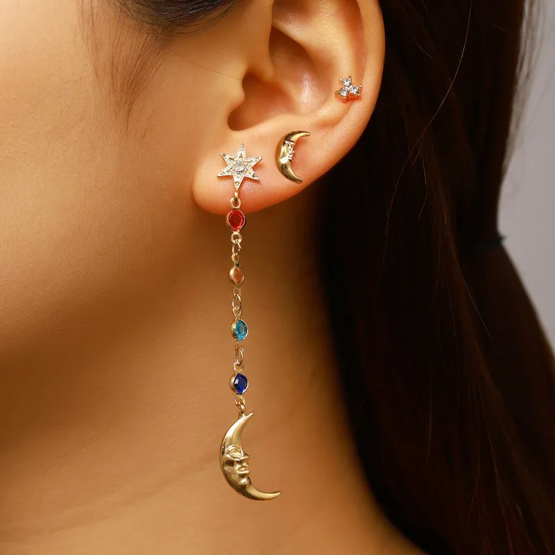 Bohemian Star Moon Pendant Earrings Set Chain Face Crescent Single Ear Earrings Women
Bohemian Star Moon Pendant Earrings Set Chain Face Crescent Single Ear Earrings Women