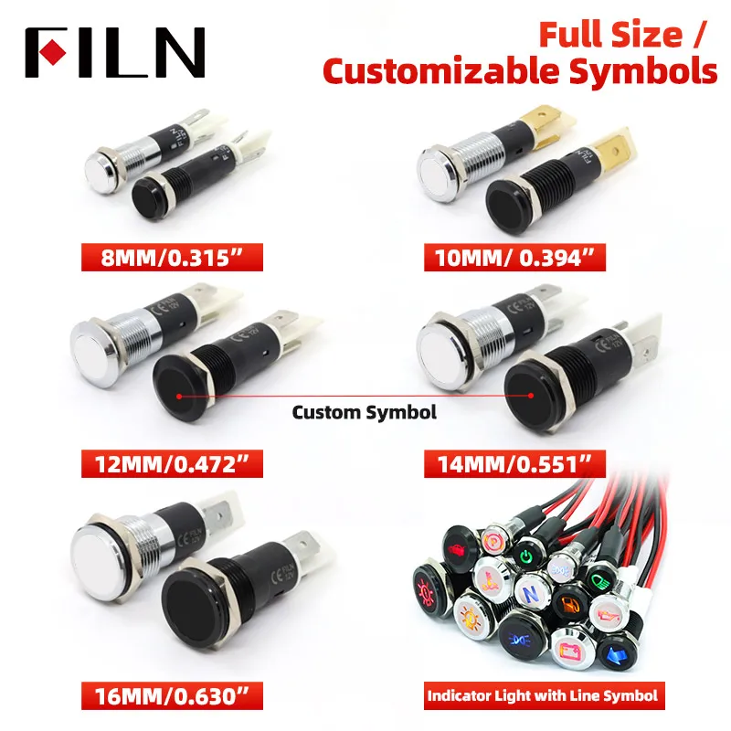 FILN 8/10/12/14/16mm Symbol LED Indicator Light 12V 24V Black Metal Indicator Dash Pilot Light Car Dashboard Ruck Machinery
FILN 8/10/12/14/16mm Symbol LED Indicator Light 12V 24V Black Metal Indicator Dash Pilot Light Car Dashboard Ruck Machinery