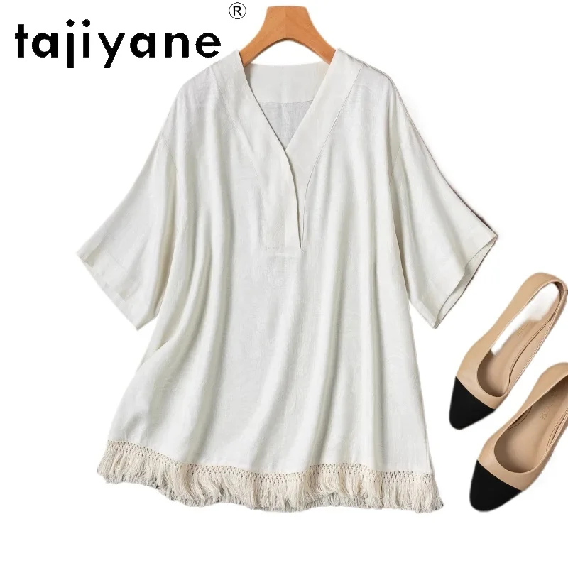 TAJIYANE 100% Mulberry Silk T Shirts Women Vacation Milk White V-neck T-shirt Spun Silk Summer Tops 2026 Woman Clothing топ
TAJIYANE 100% Mulberry Silk T Shirts Women Vacation Milk White V-neck T-shirt Spun Silk Summer Tops 2026 Woman Clothing топ