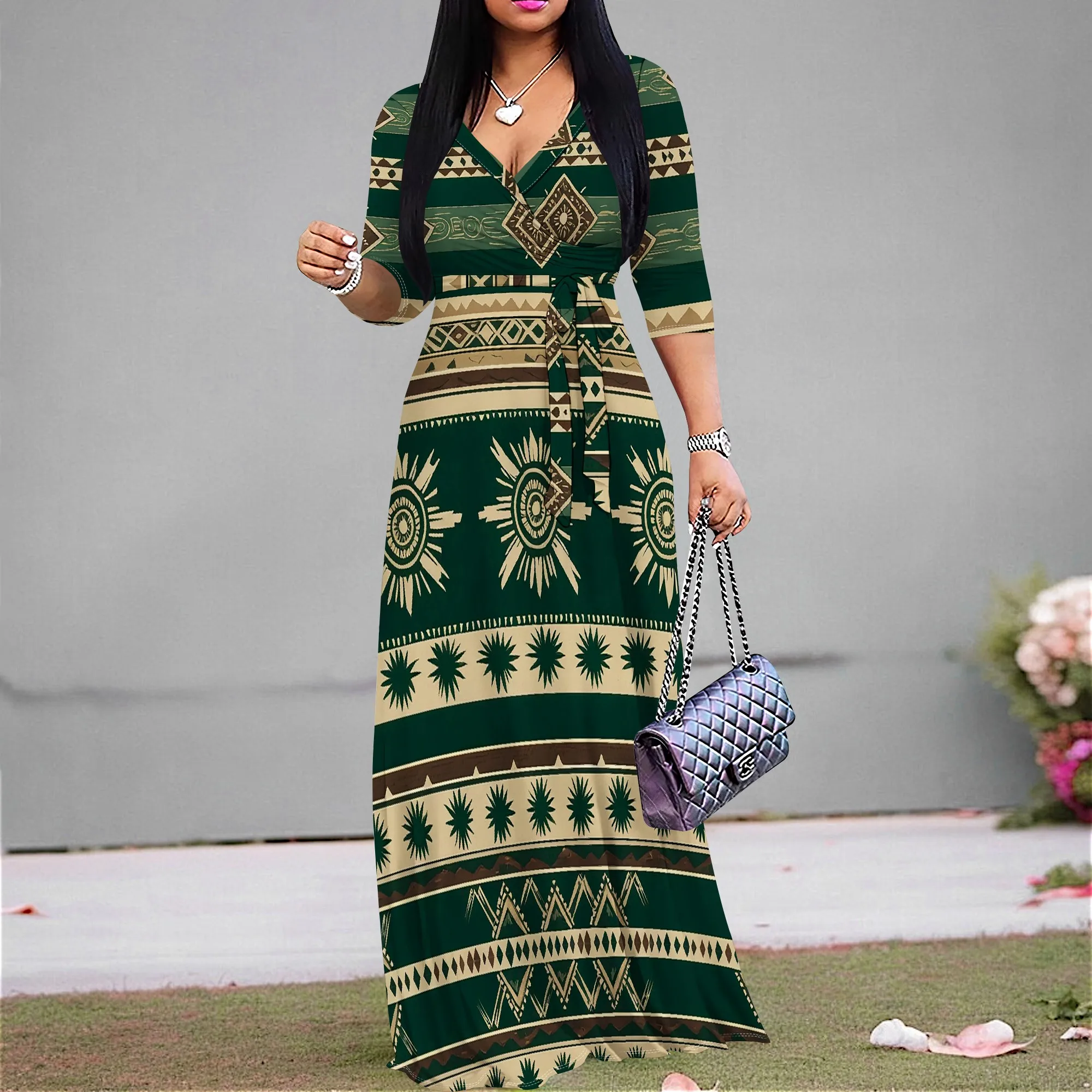 Women's Boho Wrap Maxi Dress, Tribal Print V-Neck 3/4 Sleeve A-Line Gown with Belt for Party & Casual Wear XS-3XL
Women's Boho Wrap Maxi Dress, Tribal Print V-Neck 3/4 Sleeve A-Line Gown with Belt for Party & Casual Wear XS-3XL