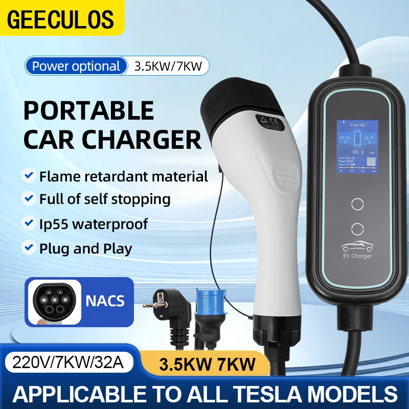Type 2 Portable EV Charger 3.5KW/7KW 16A/32A EVSE IEC 62196 LCD Display Schuko Plug IP55 Waterproof for European EVs
Type 2 Portable EV Charger 3.5KW/7KW 16A/32A EVSE IEC 62196 LCD Display Schuko Plug IP55 Waterproof for European EVs