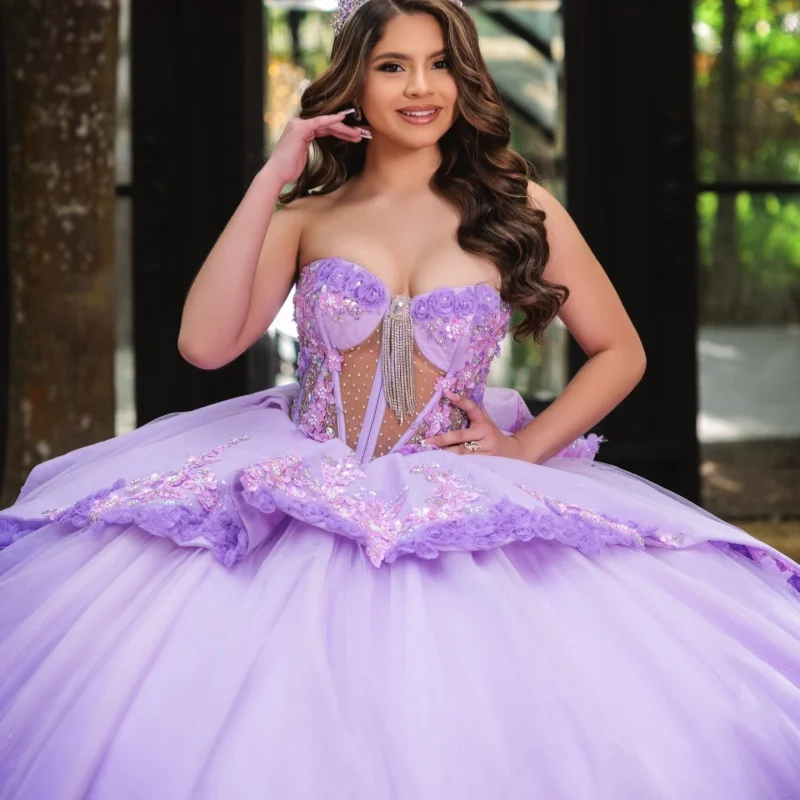 Shiny Lavender Quinceanera Dress off-shoulder Glitter 3D Flower Crystal Decal Long tail Bow vestidos de 15 Quinceanera Customiz
Shiny Lavender Quinceanera Dress off-shoulder Glitter 3D Flower Crystal Decal Long tail Bow vestidos de 15 Quinceanera Customiz