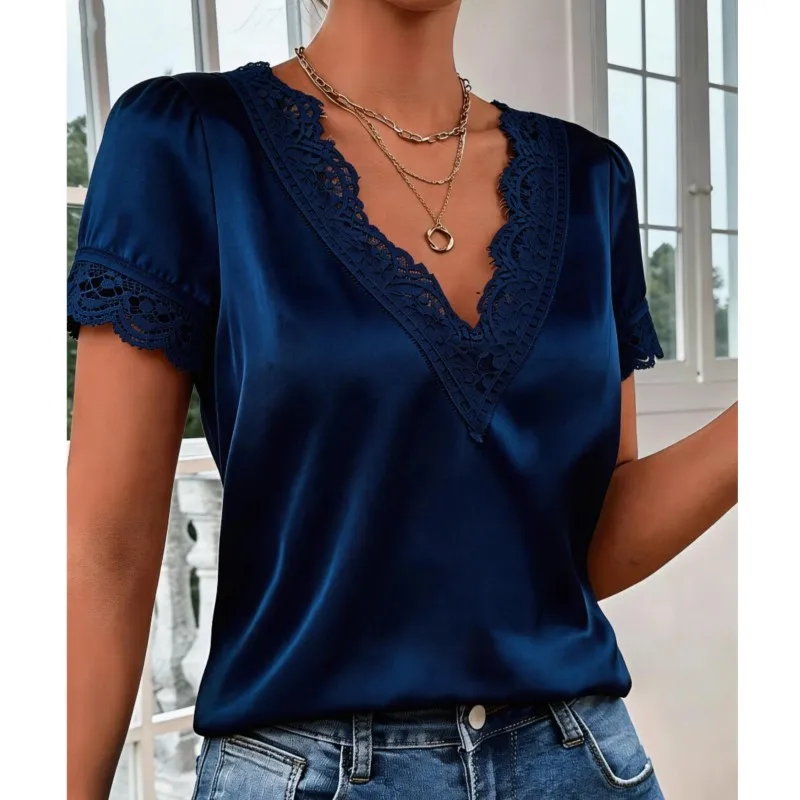 Solid Color Lace Patchwork Shirt Sexy Deep V Neck Short Sleeve Blouse Basic Tops 2026 New All-match Streetwear Casual Female
Solid Color Lace Patchwork Shirt Sexy Deep V Neck Short Sleeve Blouse Basic Tops 2026 New All-match Streetwear Casual Female