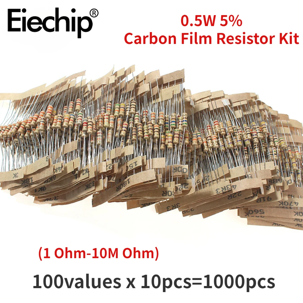 1000PCS 1/2W Carbon Film Resistor Kit 0.5W Color Ring Resistors 5% Accuracy Set of Resistors 1 Ohm-10M Ohm
1000PCS 1/2W Carbon Film Resistor Kit 0.5W Color Ring Resistors 5% Accuracy Set of Resistors 1 Ohm-10M Ohm