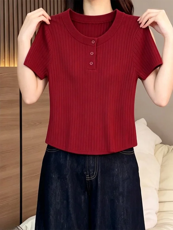 Summer 2026 Korean Style Casual Wine Red Short Sleeve Button Knitted Sweater Women Slimming plus Size Top Commute Style Loose...
Summer 2026 Korean Style Casual Wine Red Short Sleeve Button Knitted Sweater Women Slimming plus Size Top Commute Style Loose...