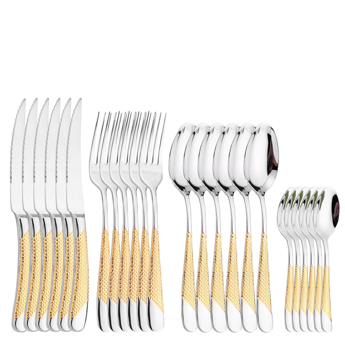 24Pcs Cutlery Set Knife Fork Tea Spoon Dinnerware Gold Flatware Set Stainless Steel Silverware Home Kitchen Tableware
24Pcs Cutlery Set Knife Fork Tea Spoon Dinnerware Gold Flatware Set Stainless Steel Silverware Home Kitchen Tableware
