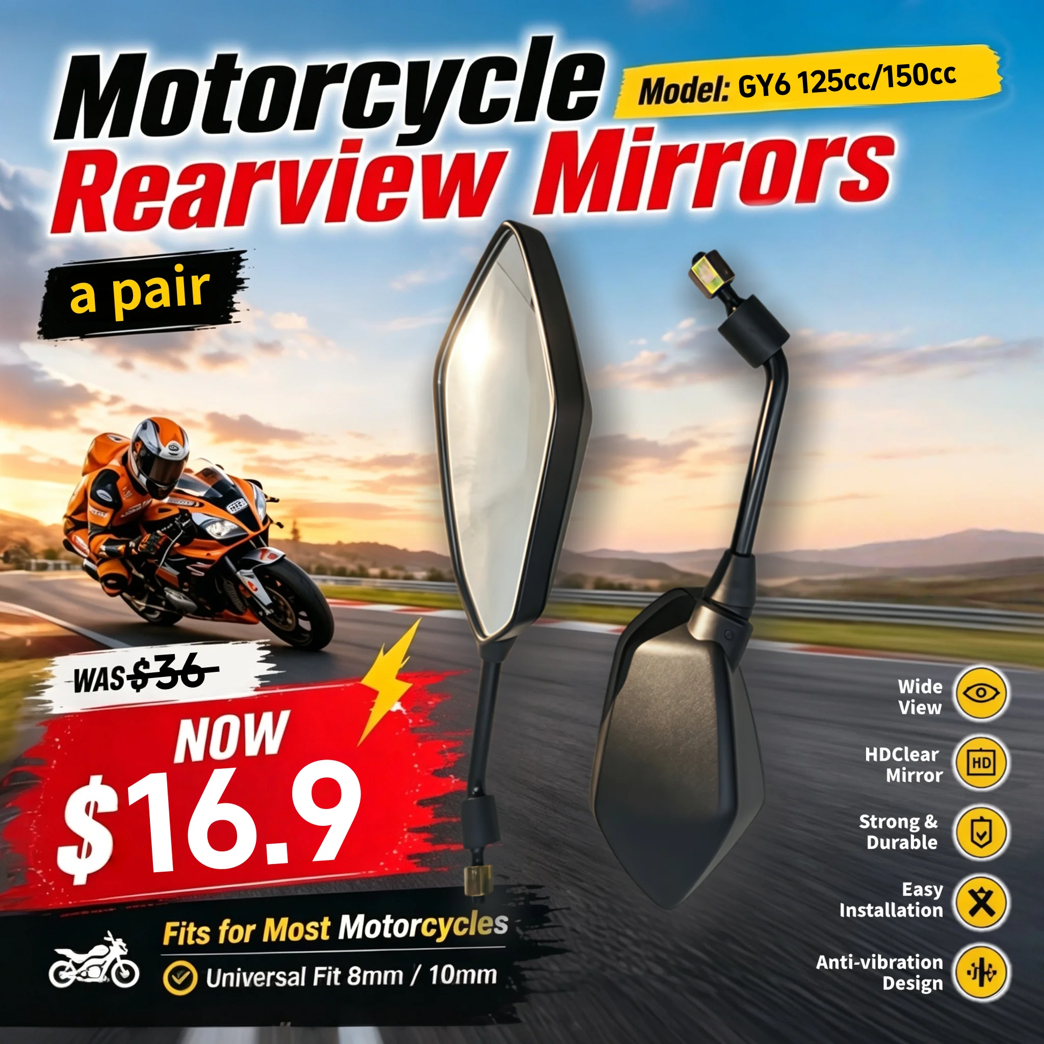 Pair King Kong Diamond Convex Rearview Mirrors 8mm Thread Wide Vision Mirrors for GY6 125/150cc, CG125, GN125 Motorcycle & Elect
Pair King Kong Diamond Convex Rearview Mirrors 8mm Thread Wide Vision Mirrors for GY6 125/150cc, CG125, GN125 Motorcycle & Elect