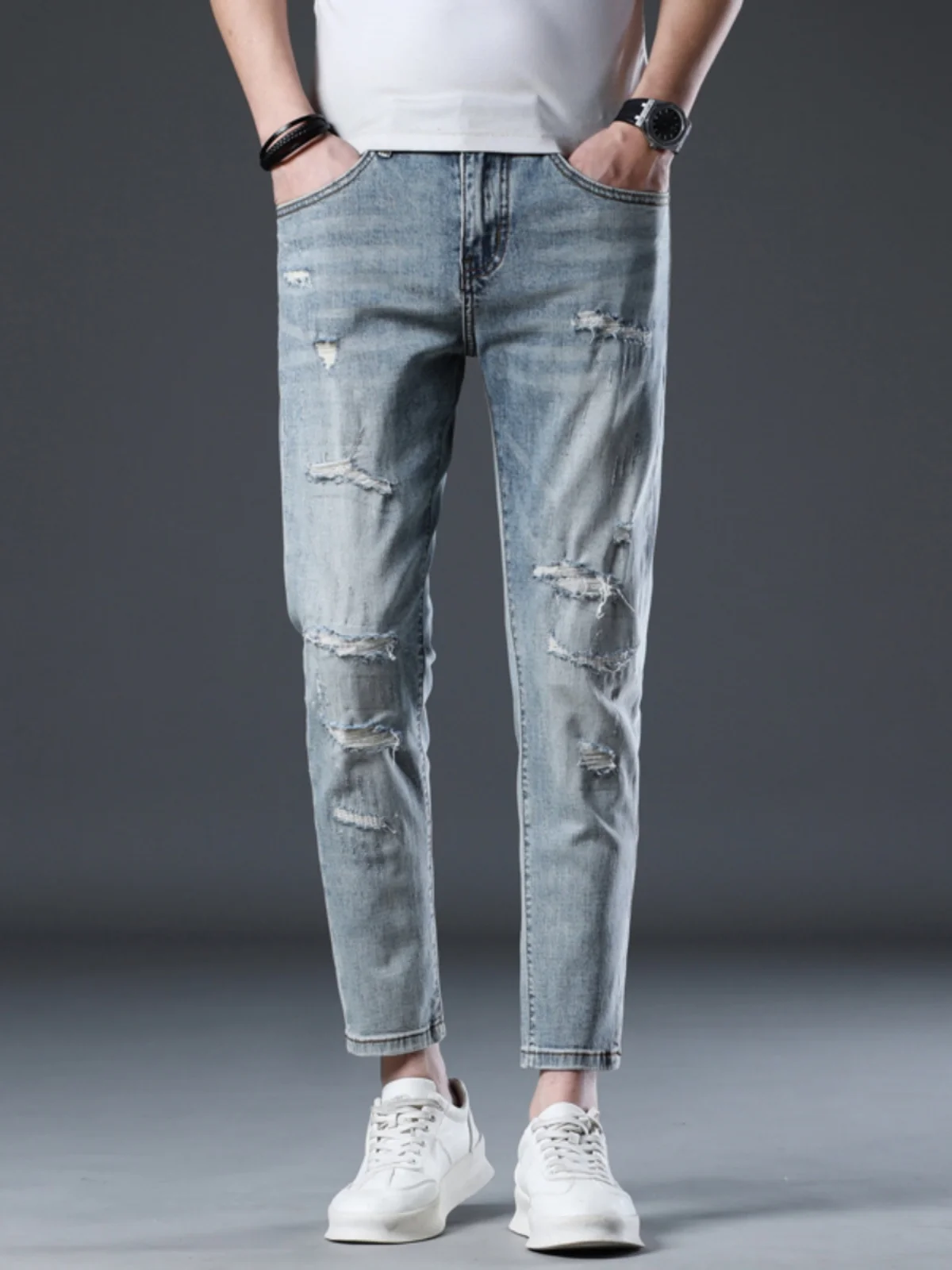 Spring Autumn Men's Trendy Jeans Hollow out Elastic Cotton Denim Small Straight Leg Style Wear Resistant Casual Trousers
Spring Autumn Men's Trendy Jeans Hollow out Elastic Cotton Denim Small Straight Leg Style Wear Resistant Casual Trousers