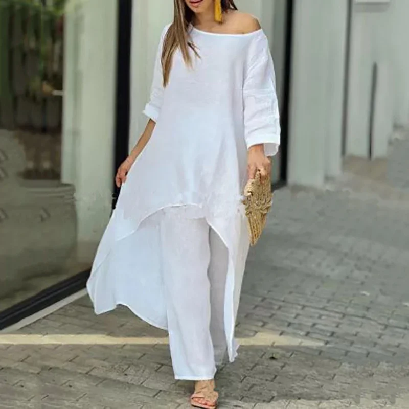 Women's Cotton Linen Long Pants Sets Fashion Solid Casual Irregular Tops and Wide Leg Pants Suits Office Lady Two Piece Sets
Women's Cotton Linen Long Pants Sets Fashion Solid Casual Irregular Tops and Wide Leg Pants Suits Office Lady Two Piece Sets