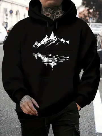 Men's autumn and winter casual loose hooded sweatshirt with mountain reflection pattern printed long sleeved warm pullover