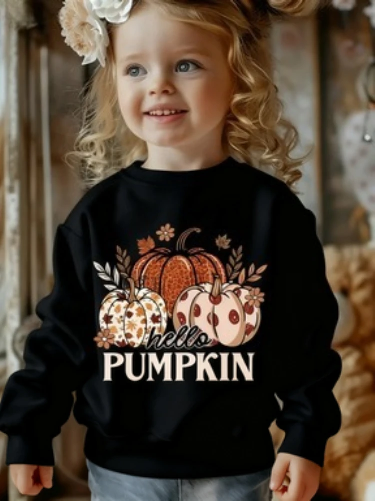 Girls' Halloween Pumpkin Print Sweatshirt - "Hello PUMPKIN" Slogan, Three Cute Patterns, Crew Neck Stylish Casual
Girls' Halloween Pumpkin Print Sweatshirt - "Hello PUMPKIN" Slogan, Three Cute Patterns, Crew Neck Stylish Casual