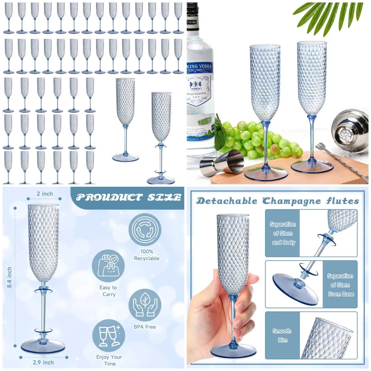 48 Pack Blue Detachable 2-Piece Champagne Flutes, 5.5 Oz Unbreakable Plastic Mimosa Glasses for Wedding Toasting
48 Pack Blue Detachable 2-Piece Champagne Flutes, 5.5 Oz Unbreakable Plastic Mimosa Glasses for Wedding Toasting
