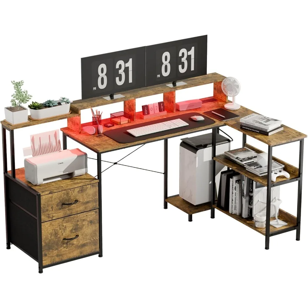 67 Inch L Shaped Gaming Desk with Drawers, Reversible Computer Desk with Storage and Power Outlet, Corner Desk with Led Lights f
67 Inch L Shaped Gaming Desk with Drawers, Reversible Computer Desk with Storage and Power Outlet, Corner Desk with Led Lights f