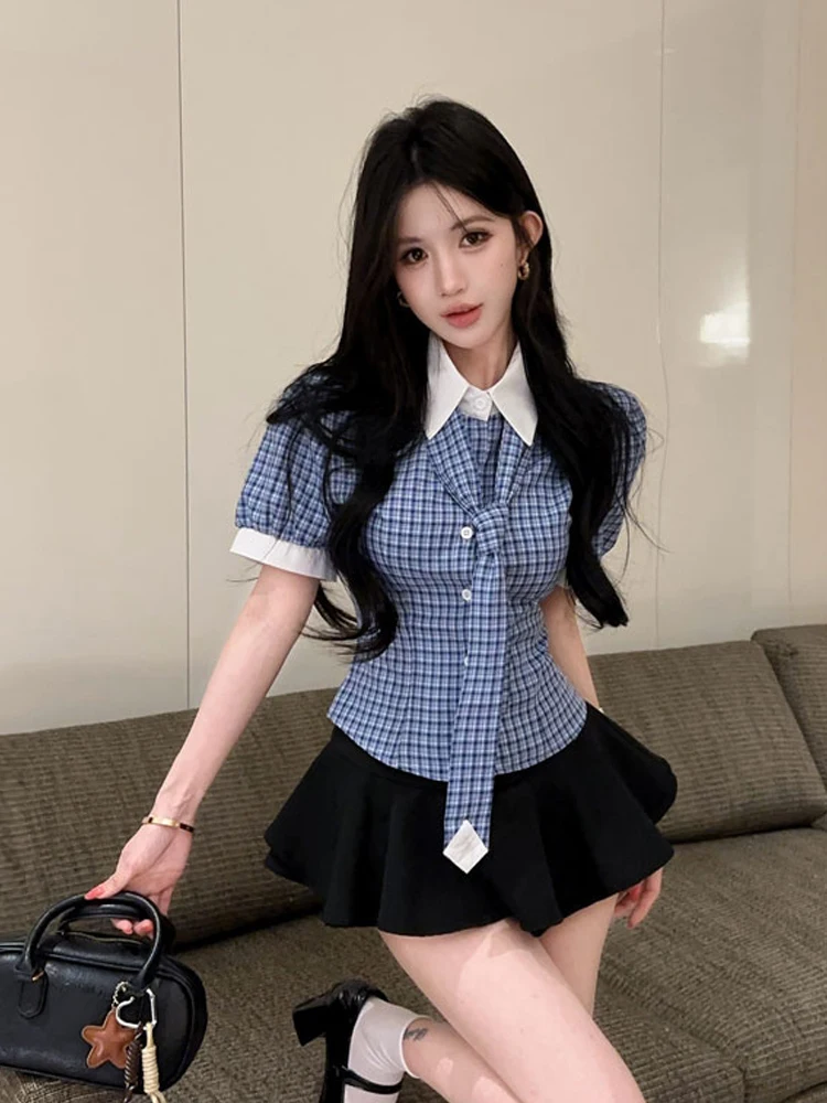Korean Style Preppy Blue Plaid Bubble Sleeve Shirt Top And Black Puffy Skirt Two Piece Set for Women Summer Casual Wear
Korean Style Preppy Blue Plaid Bubble Sleeve Shirt Top And Black Puffy Skirt Two Piece Set for Women Summer Casual Wear