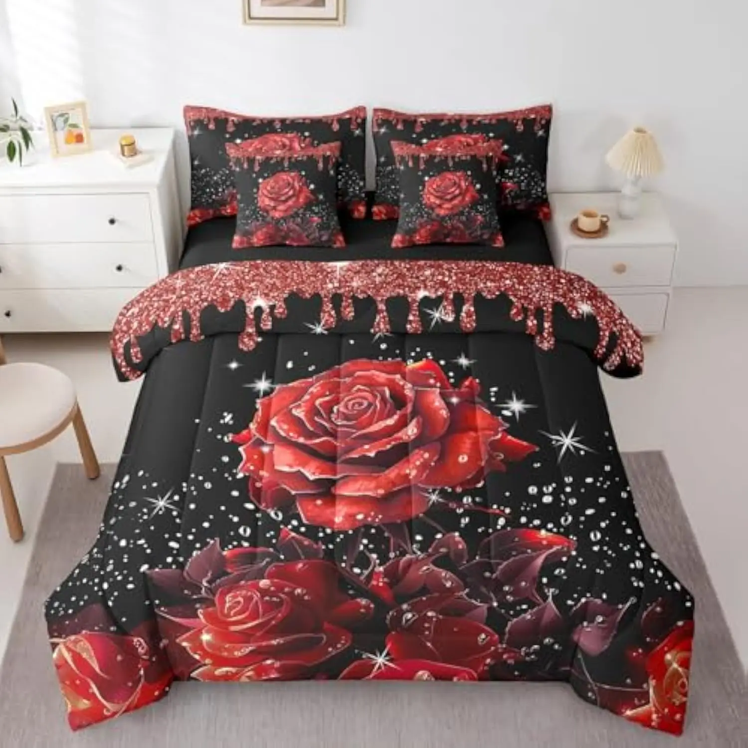 Red Rose Bed in a Bag Queen Comforter Set 7 Piece,Glitter Galaxy Bedding Set Sequins Fluid Art Sheet Set with Comforter Abstrac
Red Rose Bed in a Bag Queen Comforter Set 7 Piece,Glitter Galaxy Bedding Set Sequins Fluid Art Sheet Set with Comforter Abstrac