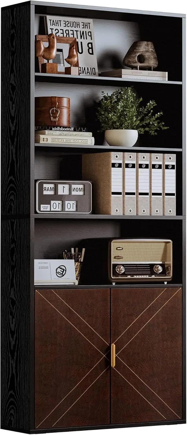 70" Tall Bookshelf with Leather Doors, 6-Tier Display Case for Home Office or Living Room in Black
70" Tall Bookshelf with Leather Doors, 6-Tier Display Case for Home Office or Living Room in Black