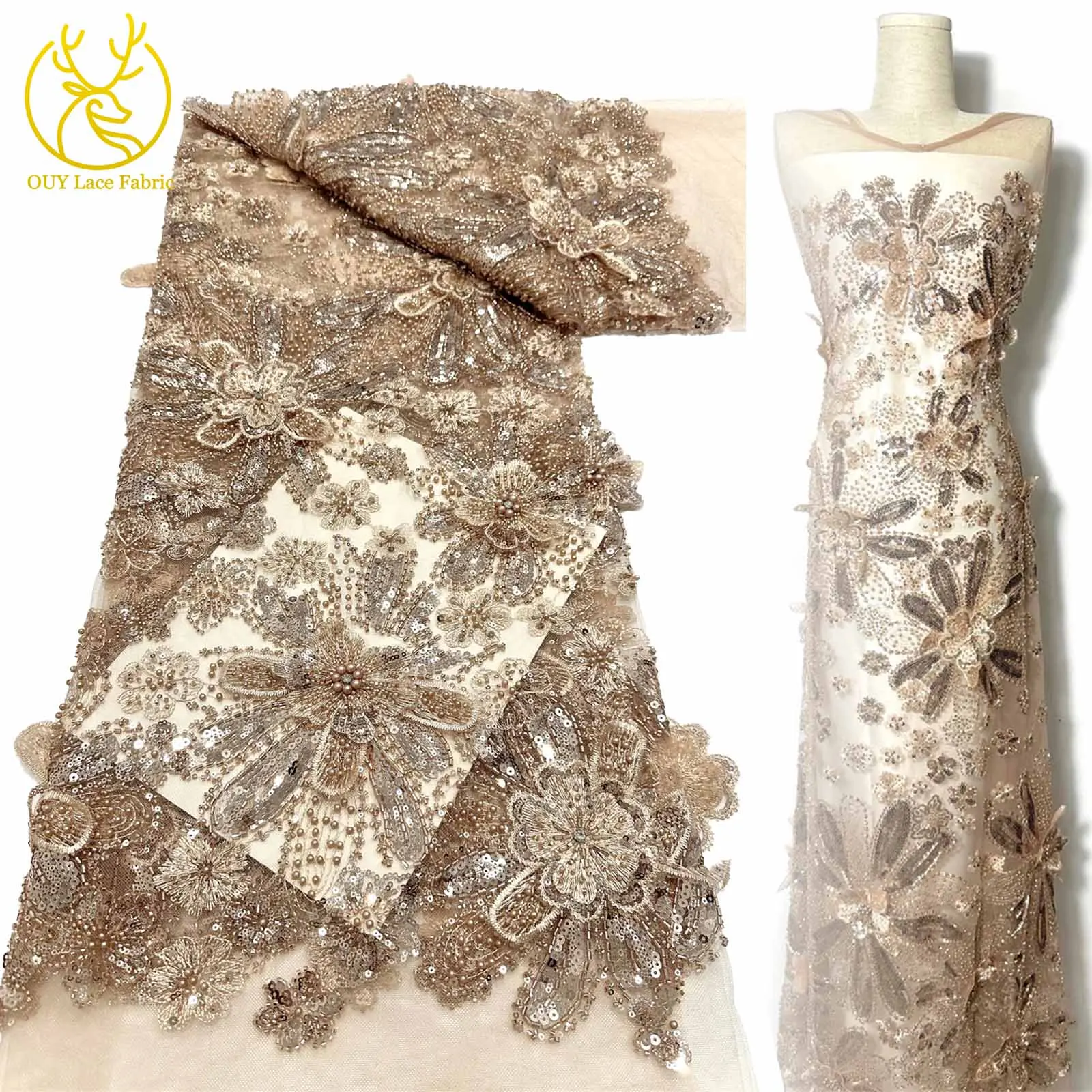 3D Embroidery Beaded Lace Fabric 5 Yards Luxury African French Sequins Tulle Mesh Lace Fabric for Bridal Wedding Party Dresses 
3D Embroidery Beaded Lace Fabric 5 Yards Luxury African French Sequins Tulle Mesh Lace Fabric for Bridal Wedding Party Dresses