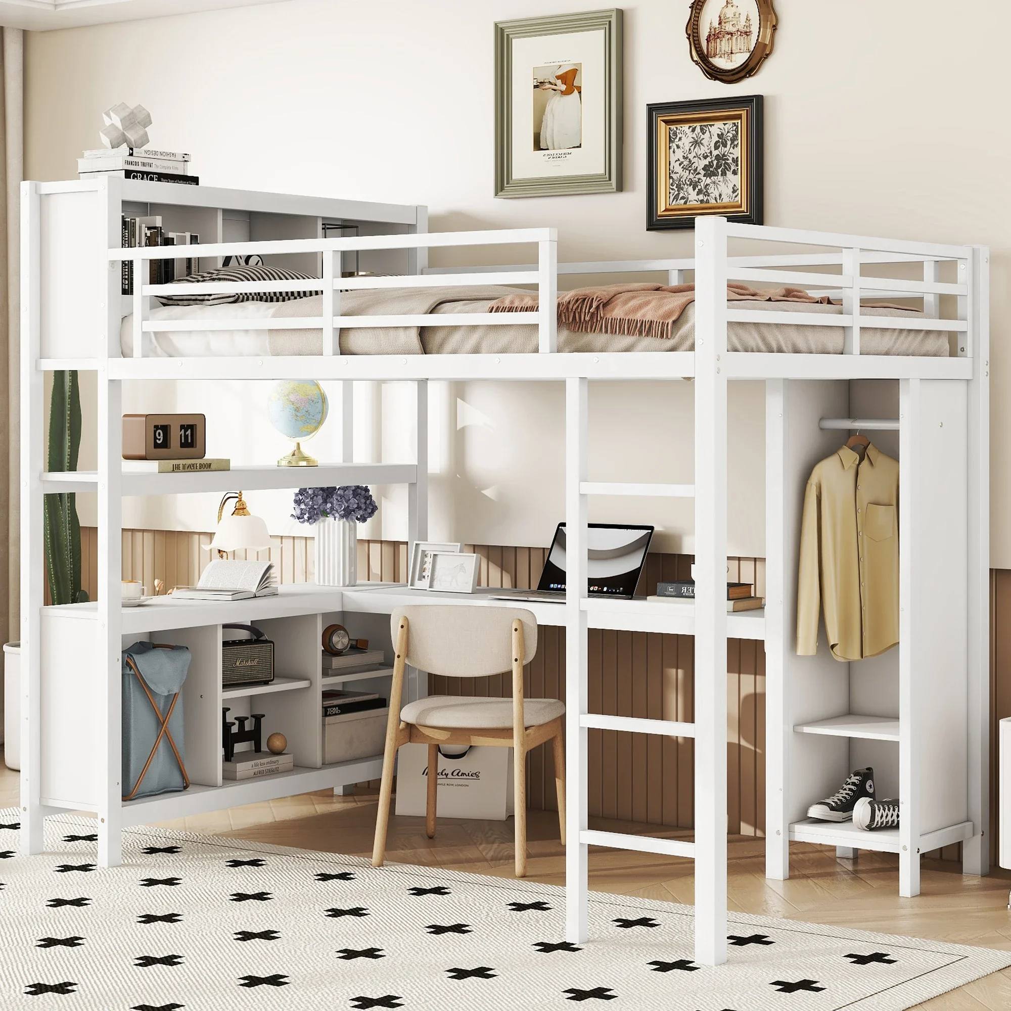 Full Size Metal Loft Bed Bases with Wardrobe and L-shaped Desk, Storage Cubes and Shelves, Heavy Duty Loft Bed for Kids Teens
Full Size Metal Loft Bed Bases with Wardrobe and L-shaped Desk, Storage Cubes and Shelves, Heavy Duty Loft Bed for Kids Teens