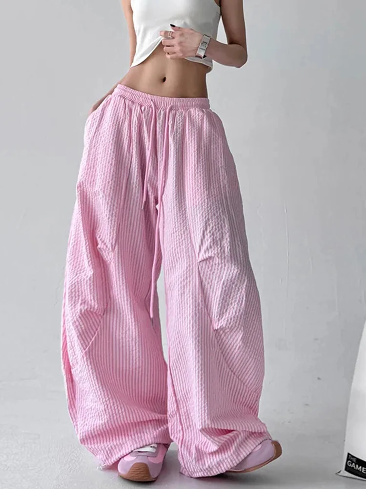 Summer Thin Striped Wide Leg Pants Women Korean High Waist Drawstring Baggy All Match Cargo Pants Female Straight Trousers
Summer Thin Striped Wide Leg Pants Women Korean High Waist Drawstring Baggy All Match Cargo Pants Female Straight Trousers