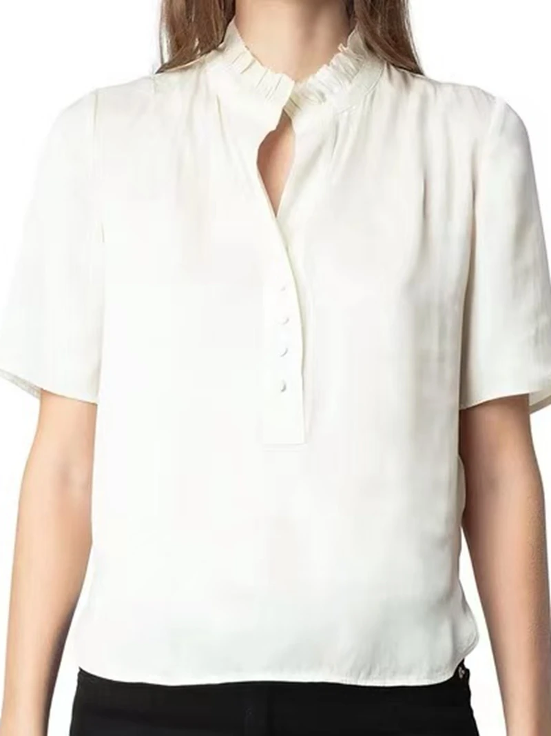 Women's Shirt Spring/Summer New Product Casual Simple Lace Small Stand up Collar V-neck Short Sleeve White Top Knitted Shirt
Women's Shirt Spring/Summer New Product Casual Simple Lace Small Stand up Collar V-neck Short Sleeve White Top Knitted Shirt