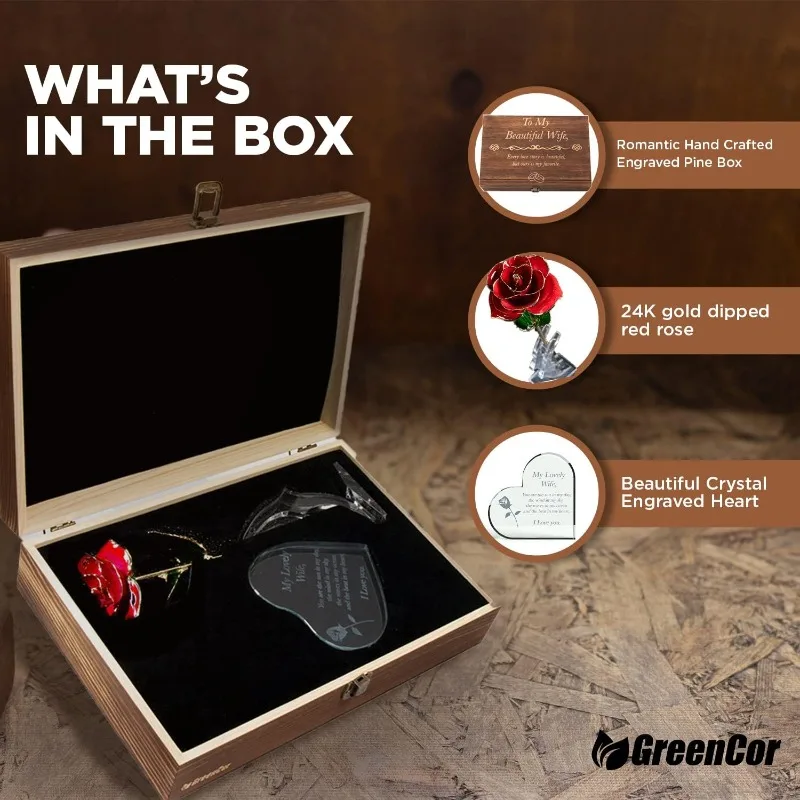 Деревянный подарочный набор с гравировкой на годовщину для жены «Моя красивая жена» включает в себя сердце с гравировкой из кристаллов 24-каратного золота с розой для би
Деревянный подарочный набор с гравировкой на годовщину для жены «Моя красивая жена» включает в себя сердце с гравировкой из кристаллов 24-каратного золота с розой для би