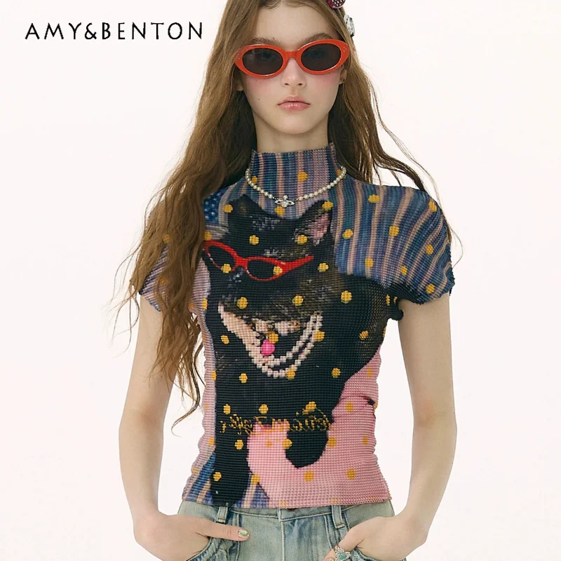 Sweet Cool Style Design Polka Dot Animal Print Women's T-shirt 2026 New Slimming Y2k Thin High-necked Pleated T-shirts Ladies
Sweet Cool Style Design Polka Dot Animal Print Women's T-shirt 2026 New Slimming Y2k Thin High-necked Pleated T-shirts Ladies