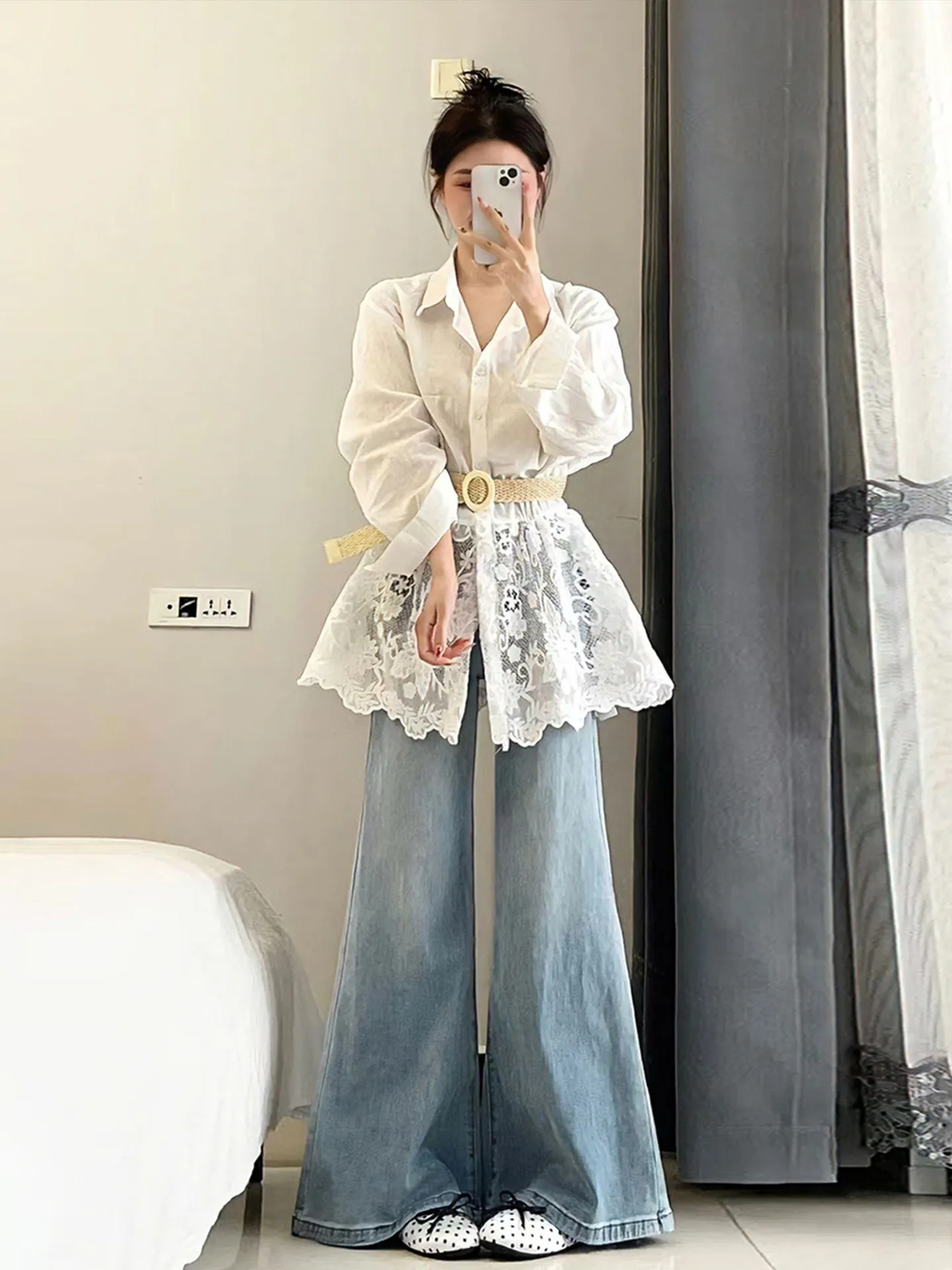 Spring Season Lace Shirt Top And Wide Leg Jeans Denim Set plus Size Women's Fashion Korean Style Casual Wear Polyester Fabric
Spring Season Lace Shirt Top And Wide Leg Jeans Denim Set plus Size Women's Fashion Korean Style Casual Wear Polyester Fabric