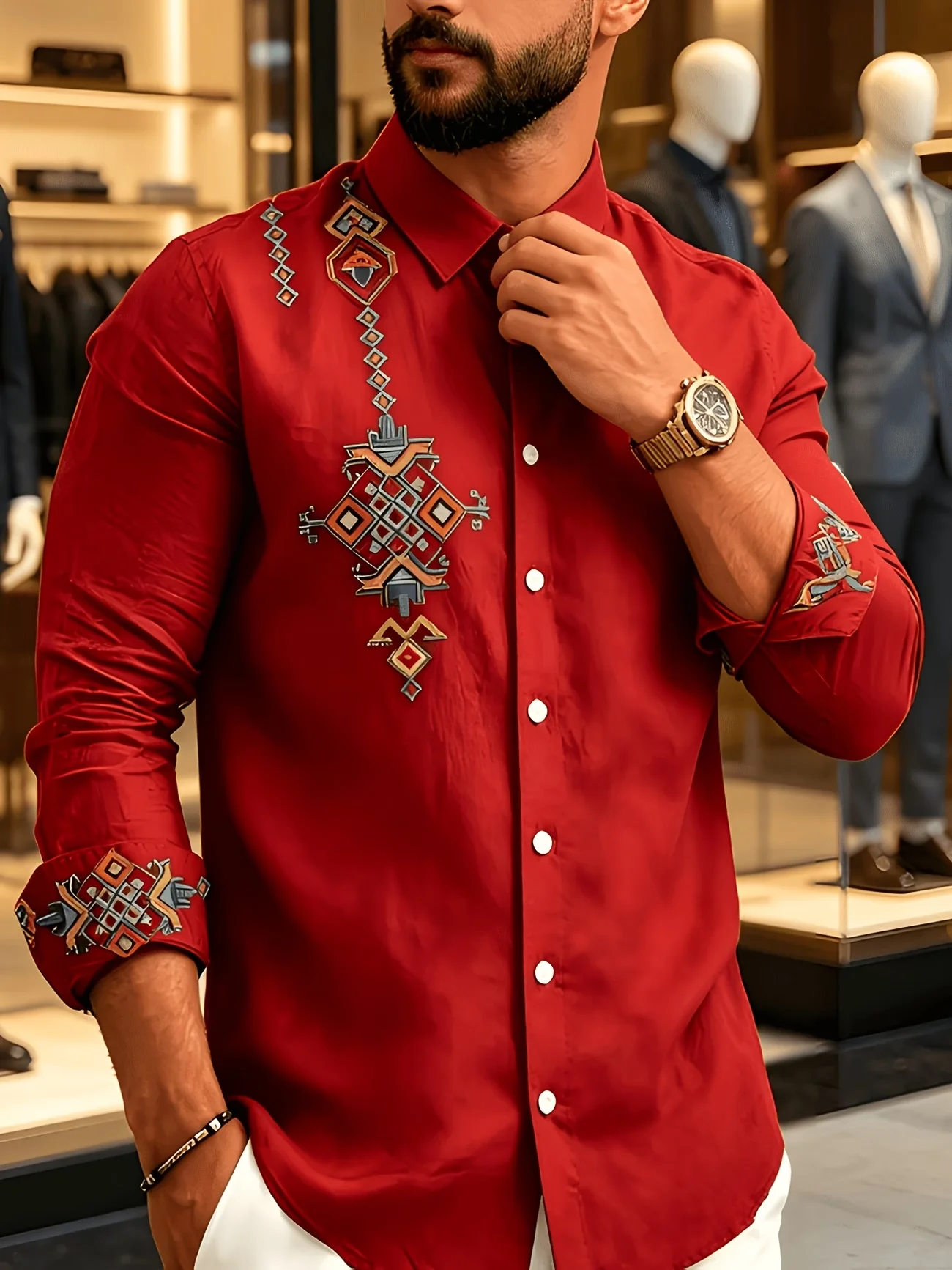 New retro ethnic style geometric red shirt 3D printed men's long sleeved slim fit casual business versatile shirt
New retro ethnic style geometric red shirt 3D printed men's long sleeved slim fit casual business versatile shirt