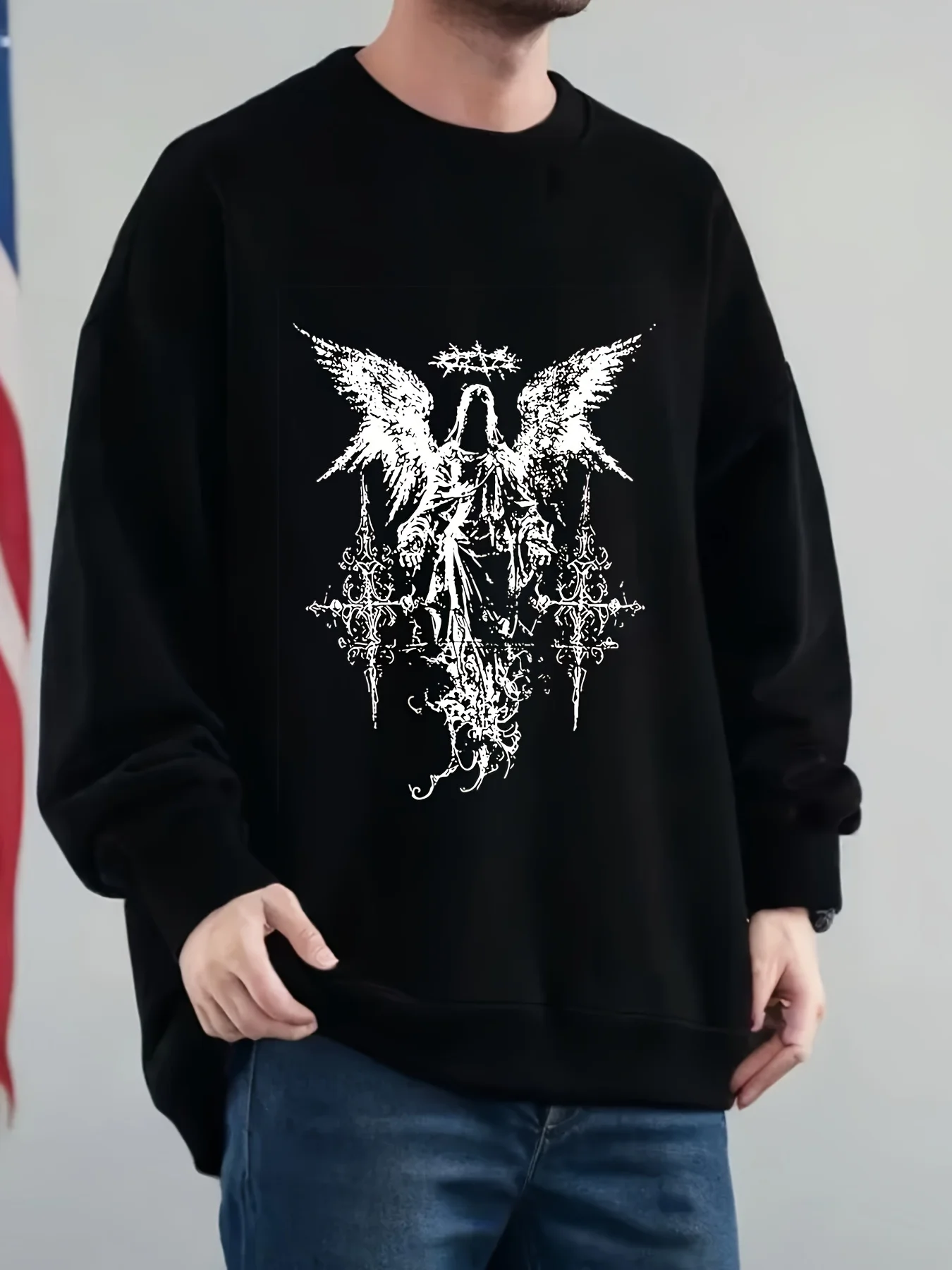 Men's gothic style fallen angel and inverted five-pointed star printed loose hooded sweatshirt with round neck and long sleeves
Men's gothic style fallen angel and inverted five-pointed star printed loose hooded sweatshirt with round neck and long sleeves