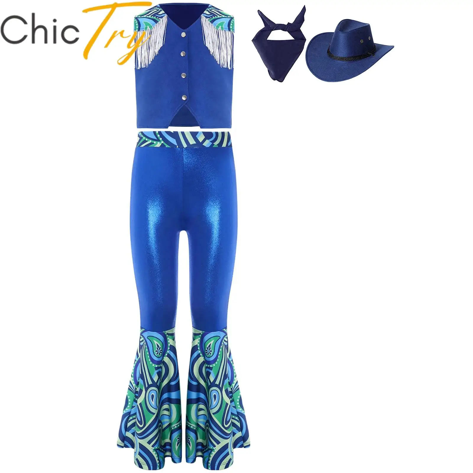 Kids Girls Cowboy Costume 4 Piece Set Printed Outfit Chest Fringes Vest Waistcoat Top Bell-Bottomed Pants with Scarf and Hat
Kids Girls Cowboy Costume 4 Piece Set Printed Outfit Chest Fringes Vest Waistcoat Top Bell-Bottomed Pants with Scarf and Hat