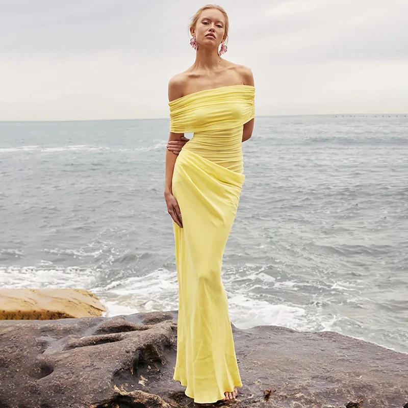 SKMY Solid Color Women Clothing Slash Neck Off The Shoulder Dress Fashion Mesh Patchwork Hollow Out Waist Slim Fit Pleated Dress
SKMY Solid Color Women Clothing Slash Neck Off The Shoulder Dress Fashion Mesh Patchwork Hollow Out Waist Slim Fit Pleated Dress