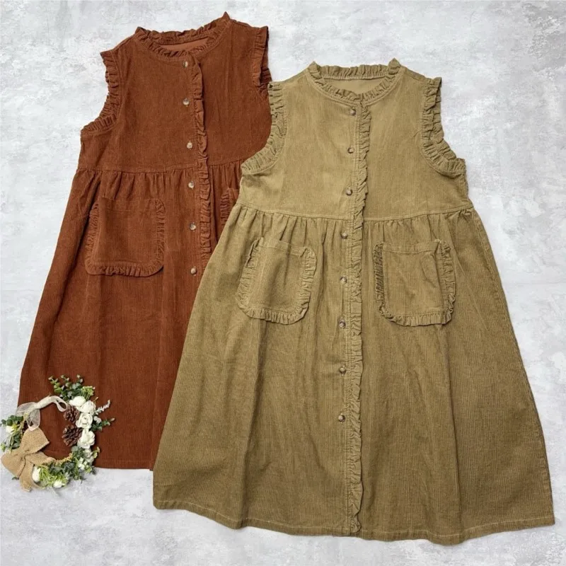 Johnature Новое вельветовое платье-жилет без рукавов на пуговицах с рюшами по краям Новые весенне-осенние свободные повседневные платья для лесных девочек
Johnature Новое вельветовое платье-жилет без рукавов на пуговицах с рюшами по краям Новые весенне-осенние свободные повседневные платья для лесных девочек