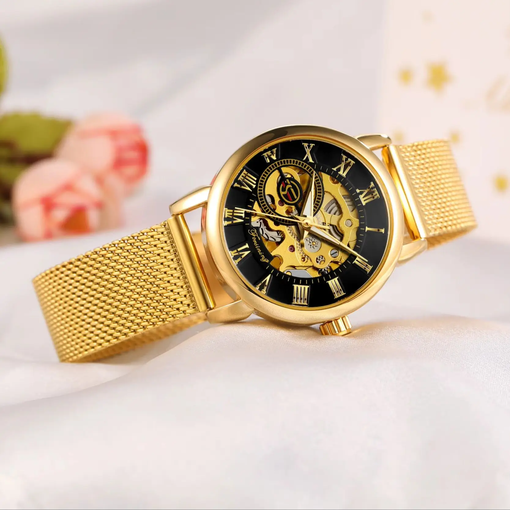 Forsining Fashion Ladies Watches Top Brand Luxury Skeleton Mechanical Watch for Women Mesh Stainless Steel Strap Gold Wristwatch
Forsining Fashion Ladies Watches Top Brand Luxury Skeleton Mechanical Watch for Women Mesh Stainless Steel Strap Gold Wristwatch