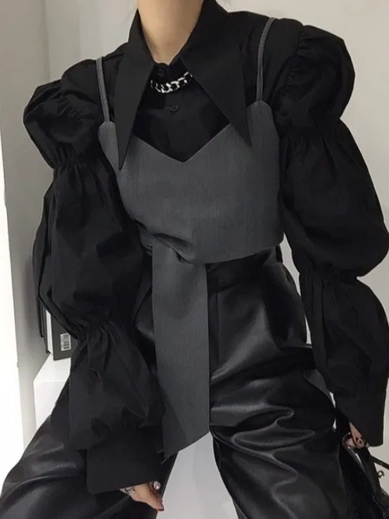 Fall Simple Pointed Collar Single Button Long Sleeve Shirt Outer Vest Strap Two Piece Set Women's Fashion Commute Style Clothing
Fall Simple Pointed Collar Single Button Long Sleeve Shirt Outer Vest Strap Two Piece Set Women's Fashion Commute Style Clothing