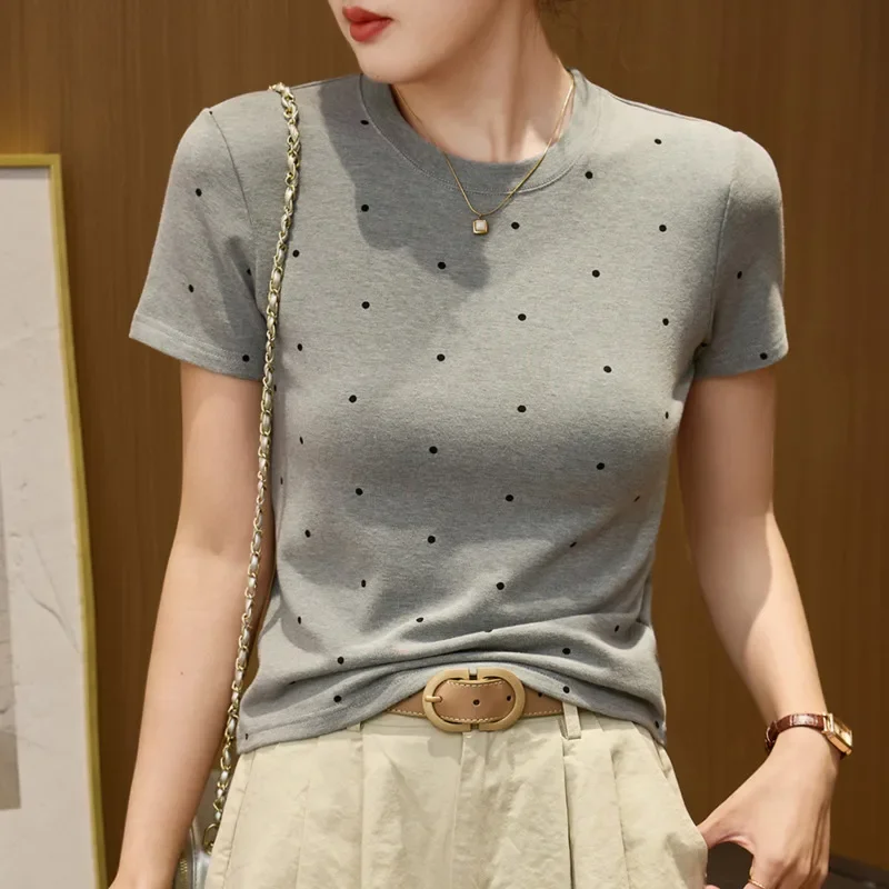 Gray White Polka Dot Printed T Shirt Women O-neck Sexy Stretch Cotton Short Tshirt Female Short Sleeve Slim Korean Fashion
Gray White Polka Dot Printed T Shirt Women O-neck Sexy Stretch Cotton Short Tshirt Female Short Sleeve Slim Korean Fashion