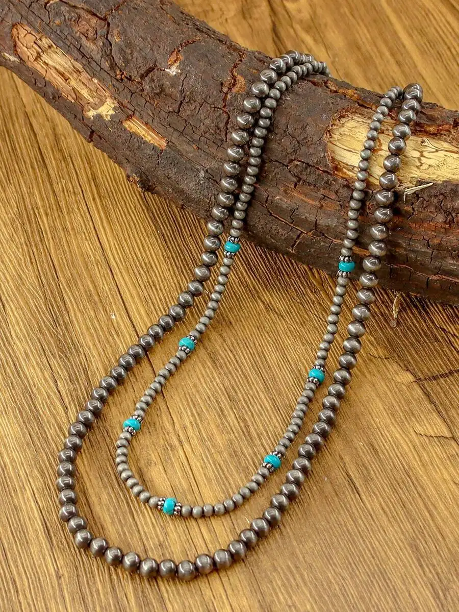 Double-Layer Beaded Necklace with Turquoise Accents, Rustic Boho Style
Double-Layer Beaded Necklace with Turquoise Accents, Rustic Boho Style