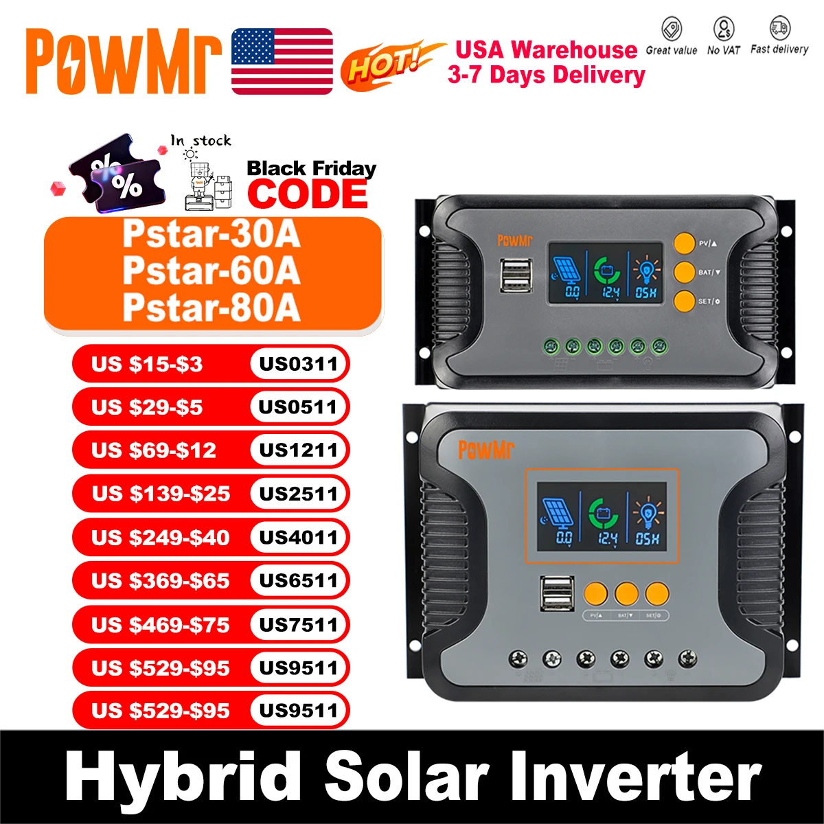 PowMr USA 30A 60A 80A PWM Solar Charge Controller for 12V 24V 36V 48V Battery LED Screen USB 5V 2A Max PV 100V Slient Operation
PowMr USA 30A 60A 80A PWM Solar Charge Controller for 12V 24V 36V 48V Battery LED Screen USB 5V 2A Max PV 100V Slient Operation