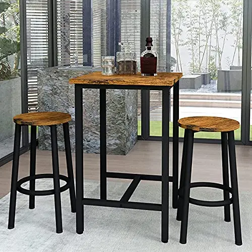 Rustic 3-Piece Bar Set: Square Wood-Top Counter Table With Two Stools, Modern Bistro Style, Easy Assembly, Compact For Small