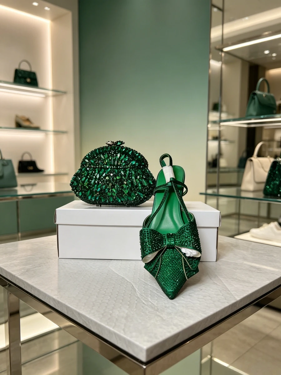 2026 Dark Green Full Rhinestone Bow Pointed Slingback Heels Matching Marquise Crystal Cloud Shape Clutch Bag Set Matching Shoe
2026 Dark Green Full Rhinestone Bow Pointed Slingback Heels Matching Marquise Crystal Cloud Shape Clutch Bag Set Matching Shoe