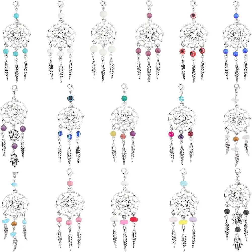 32Pcs 11 Style Tibetan Style Alloy Big Pendants with Gemstone Beads and Lobster Claw Clasp Woven Net/Web with Feather Mixed
32Pcs 11 Style Tibetan Style Alloy Big Pendants with Gemstone Beads and Lobster Claw Clasp Woven Net/Web with Feather Mixed