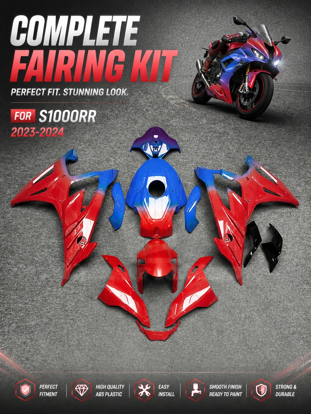 Motorcycle Fairing Set for BMW S1000RR 2023-2024 Custom Color Pre-Drilled Holes Aftermarket Replacements ABS Parts
Motorcycle Fairing Set for BMW S1000RR 2023-2024 Custom Color Pre-Drilled Holes Aftermarket Replacements ABS Parts