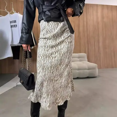 Elegant Leopard Print Midi Skirt Ladies High Waist Flared Hem Slim Casual A Line Skirt