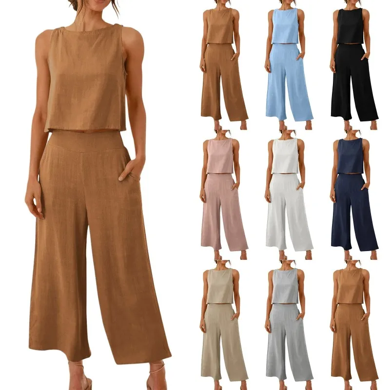 2025 New Summer Tops Cotton Linen and Wide Leg Pants Casual Sleeveless Two Piece Set Office Lady Two Piece Suit Women's Clothes
2025 New Summer Tops Cotton Linen and Wide Leg Pants Casual Sleeveless Two Piece Set Office Lady Two Piece Suit Women's Clothes