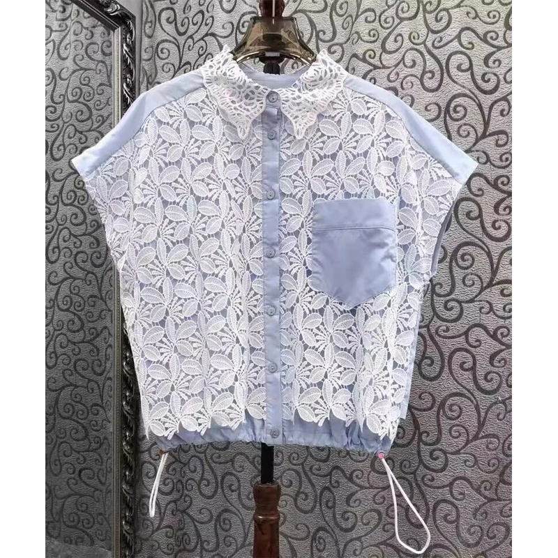 Lace Embroidered Patchwork Sleeveless Collar Shirt Women's Summer New Style Outerwear Drawstring Vest Flip Collar Top
Lace Embroidered Patchwork Sleeveless Collar Shirt Women's Summer New Style Outerwear Drawstring Vest Flip Collar Top
