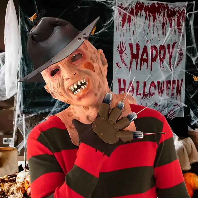 Страшный костюм Крюгера на Хэллоуин для мужчин, свитер в красную полоску, жуткая маска, перчатки со стальным когтем, ковбойская шляпа для взрослых ty'4
Страшный костюм Крюгера на Хэллоуин для мужчин, свитер в красную полоску, жуткая маска, перчатки со стальным когтем, ковбойская шляпа для взрослых ty'4